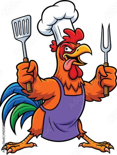Cartoon chef rooster, white hat, purple apron, spatula, meat fork, colorful feathers, funny pose, vector art, isolated, animated expression