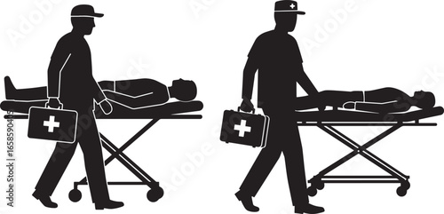 Paramedic carrying patient on stretcher with medical bag silhouette