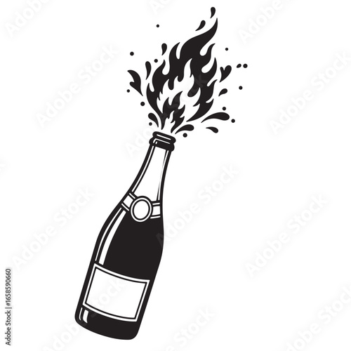 Elegant black and white illustration of a champagne bottle popping open with effervescence