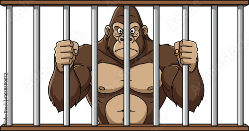 Cartoon gorilla behind bars, prison scene, muscular ape, stern expression, vector illustration, captivity concept, strong animal, jail cell