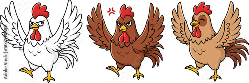 Cartoon chickens, white, brown, light brown, raised wings, angry and happy expressions, red comb, vector art, isolated, farm animals, funny