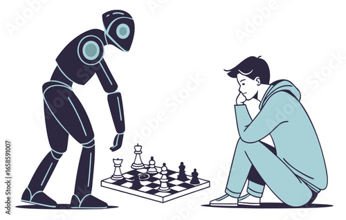 Ai robot and human play chess game illustration