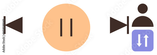 Play, pause, rewind icons with human avatar and adjustable settings panel. Ideal for media control, player navigation, user settings, customization, technology, interactivity simple flat metaphor