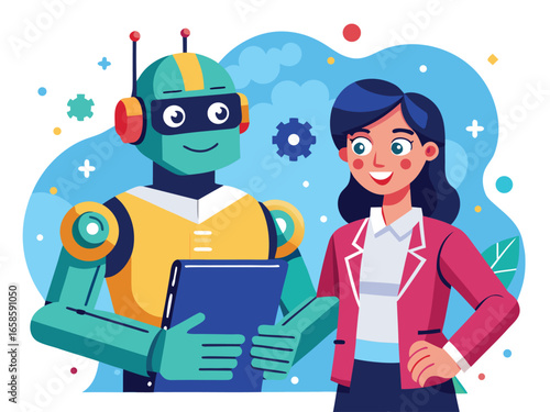 Teacher learning with AI robot vector