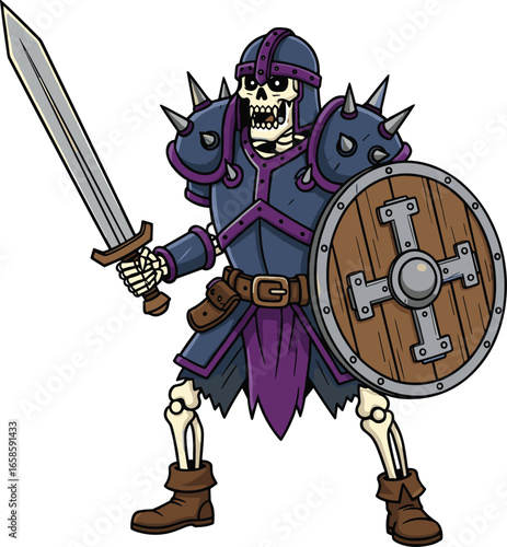 Cartoon skeleton warrior, medieval armor, spiked helmet, sword, wooden shield, purple cloth, fantasy fighter, vector art, isolated, undead battle