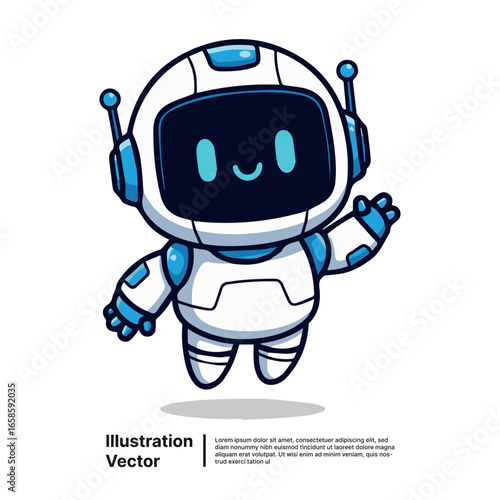 Cute white robot with blue accents waving hello, isolated on white background vector illustration
