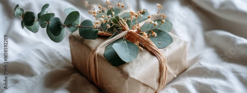 Beautifully wrapped gift with natural accents on soft fabric background