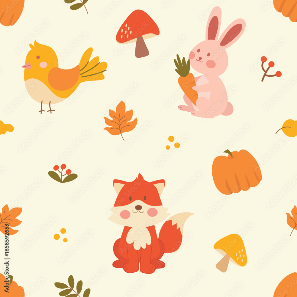 Obraz premium Cute Animal Seamless Forest Pattern. Seamless cartoon pattern with forest animals and fall motifs. Suitable for nursery posters, kids’ clothing, and seasonal stationery.