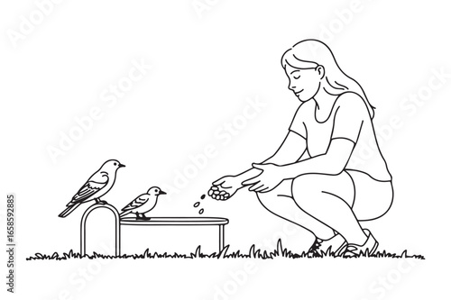 Woman feeding birds with love and compassion.