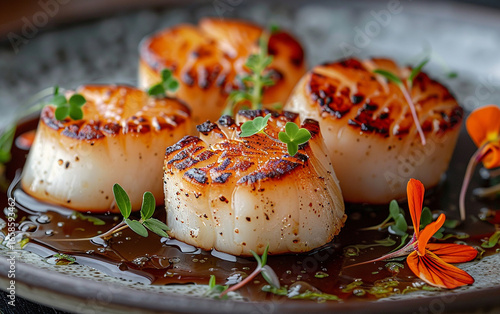 Beige scallops gleam in a rich sauce, accented with green microgreens and orange flowers. Ideal for fine dining menus or food blog posts.