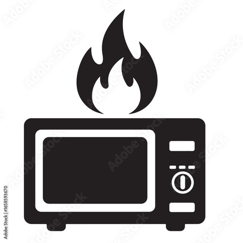 Microwave on fire symbolic illustration of overheating, problems, and danger concept