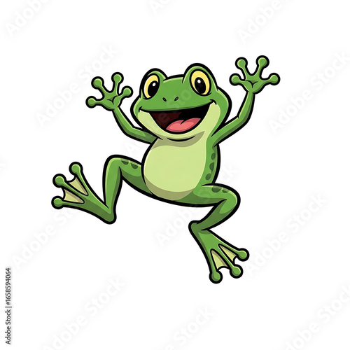 A cheerful green frog joyfully leaps with outstretched limbs, showcasing a cartoonish, playful design.