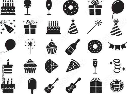 Celebration and party silhouette icon set – filled style festive, event, and birthday symbols for joyful occasions: balloon, cake, gift, hat, confetti, cupcake, streamers.