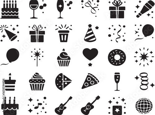 Celebration and party silhouette icon set – filled style festive, event, and birthday symbols for joyful occasions: balloon, cake, gift, hat, confetti, cupcake, streamers.