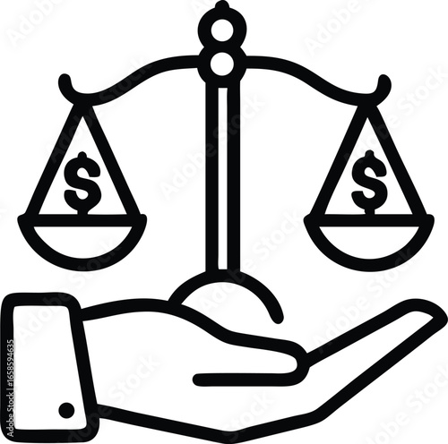 Fair Compensation Icon Line Vector Illustration with Scale and Hand Holding Money Symbol for Finance, Salary, HR and Equality