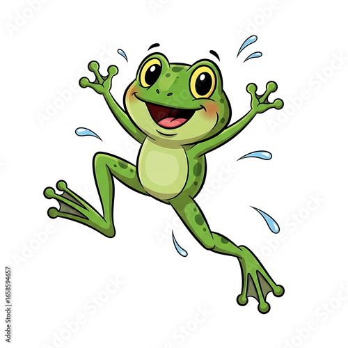 Cartoon frog jumping with joy, water droplets, happy expression.