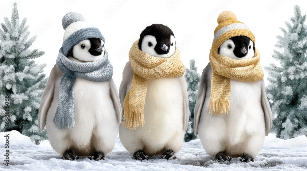 Fototapeta premium Penguins wearing scarves celebrate the holiday season in a snowy landscape with a festive greeting nearby