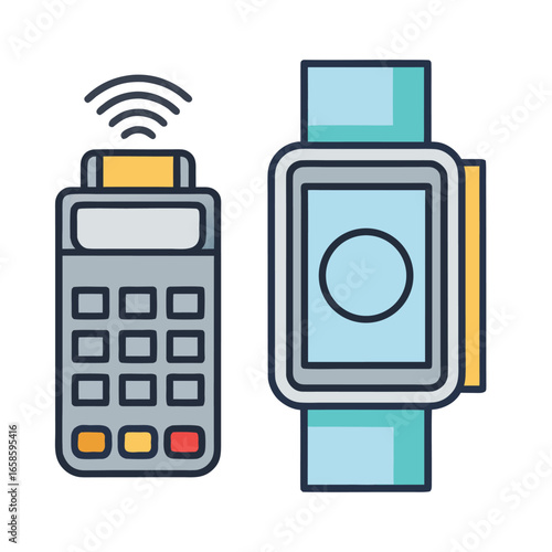 Flat design illustration of a contactless payment terminal and a smartwatch technology