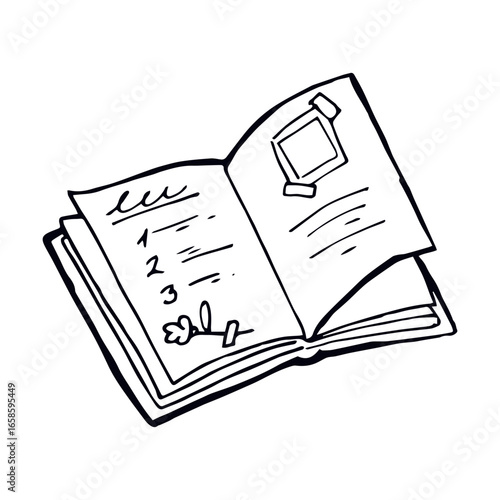 Whimsical doodle vector of an open journal page with photo, flower and checklist—hand-drawn imperfect lines, perfect for stationery, scrapbooking, creative journaling and editorial design.