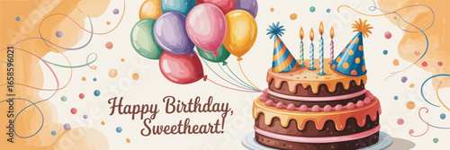  Happy Birthday Sweetheart greeting with colorful balloons, layered cake, candles, and festive confetti on orange background for celebration