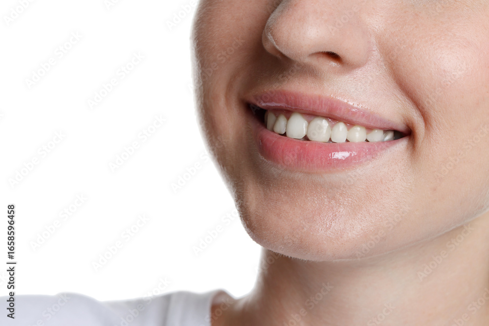 Obraz premium Smiling woman after dental aligners treatment on white background, closeup