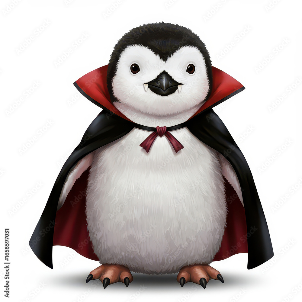 Fototapeta premium Adorable penguin dressed as vampire with black cape and fangs, cute spooky Halloween animal cosplay illustration