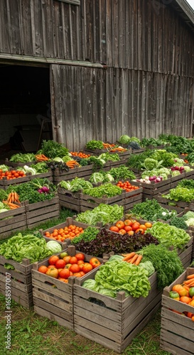 Fresh produce in wooden crates