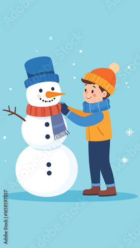 A cheerful boy carefully adds a scarf to his newly built snowman on a snowy winter day.