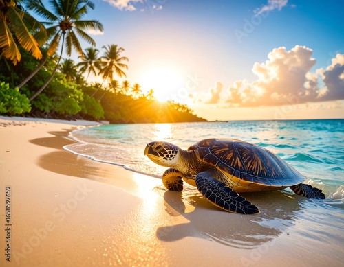 Turtle on a tropical beach at sunset