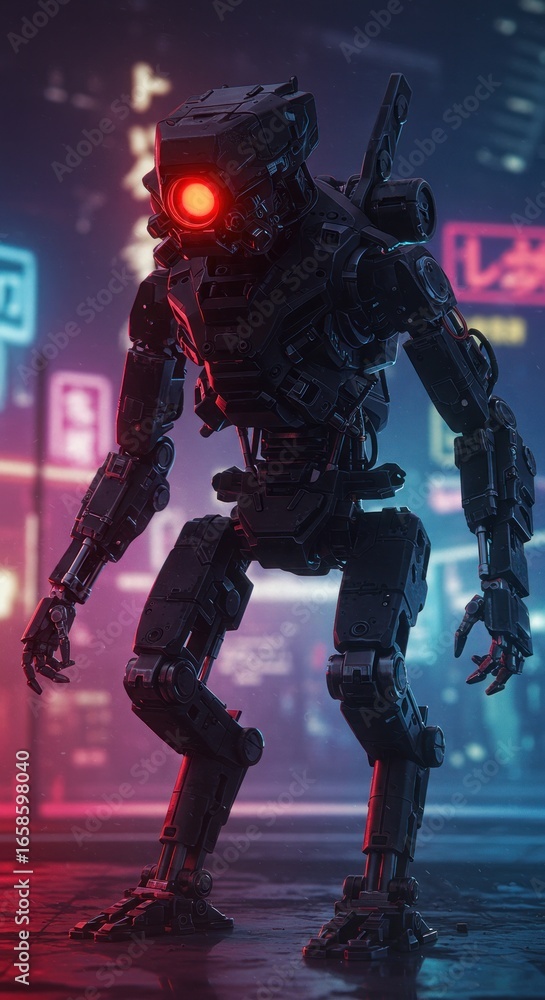 Fototapeta premium Futuristic robot in neon city (2)