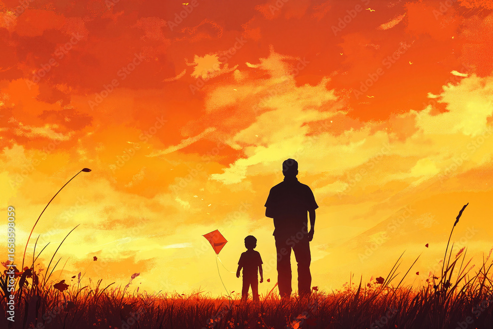 Fototapeta premium Father and child flying a kite against a sunset background 