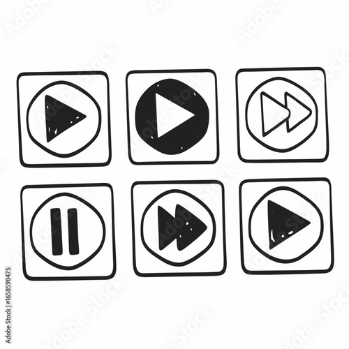 Hand drawn play button icons isolated on white background for multimedia applications and websites