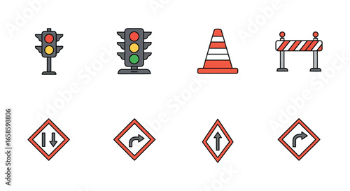 Road construction and traffic signs and signals on white background