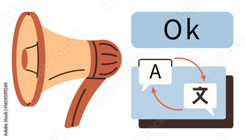 Megaphone amplifying speech beside translation interface with arrows between letters and text bubbles. Ideal for communication, translation, linguistics, global connection, accessibility, education
