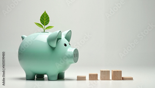 Piggy bank with plant growing on top and wooden blocks
