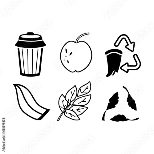 Collection of composting and recycling icons isolated on white background for various designs