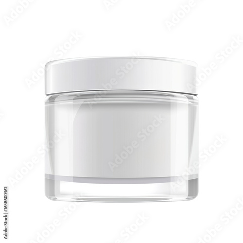 Clear cosmetic jar with white lid and label, beauty product container