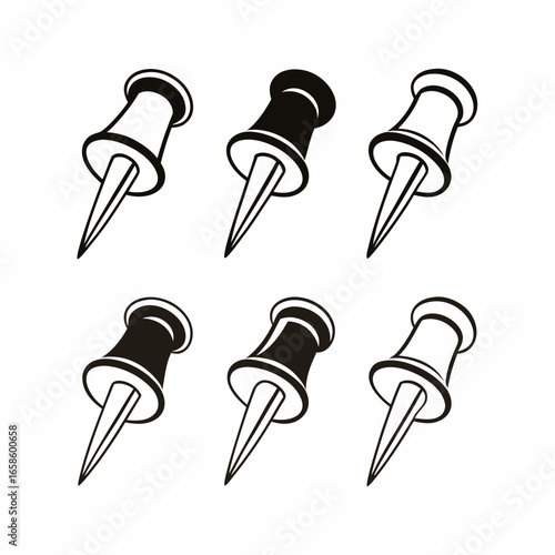 Collection of black and white pushpins, office supplies for bulletin boards isolated on white background