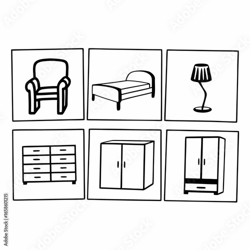 Collection of furniture icons isolated on white background featuring chair, bed, lamp and wardrobe