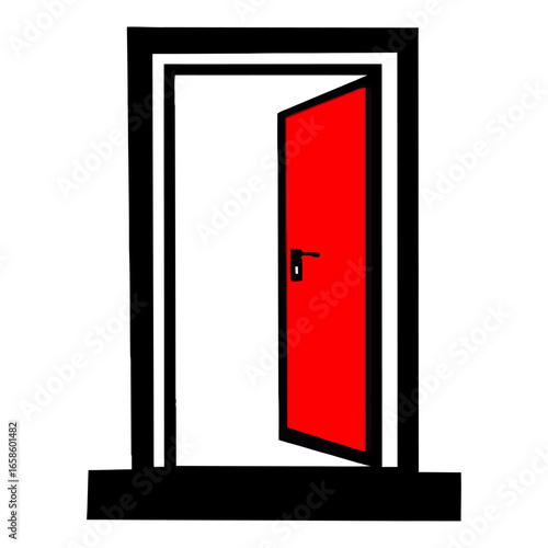 Red door icon open on black frame with simple handle and threshold graphic design element