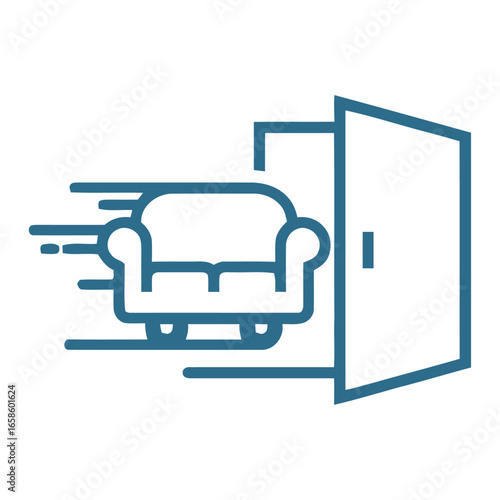 Blue line art sofa icon entering a doorway representing fast furniture delivery or moving service