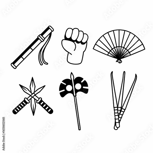 Collection of martial art weapons and fist isolated on white background representing combat and defense