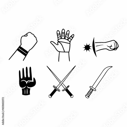 Collection of martial arts hand and sword icons isolated on white background for fighting, training, and defense