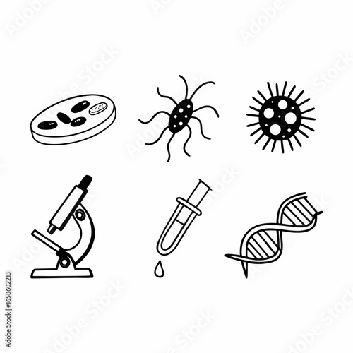 Illustration of microbiology elements isolated on white background, including dna and microscope