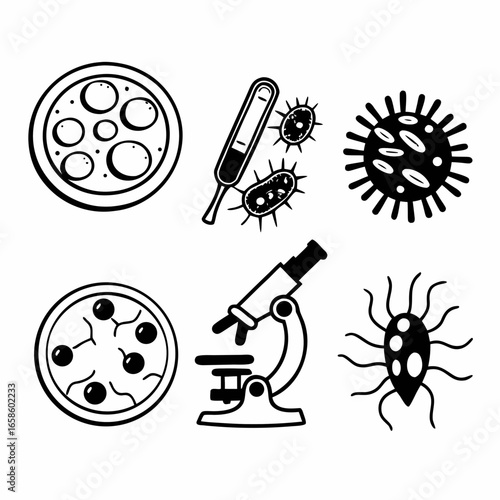 Illustration of microbiology elements isolated on white background, including microscope and petri dish