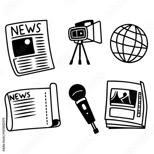 Illustration of news media elements including newspaper, camera, globe, microphone isolated on white background