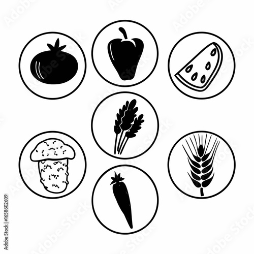Illustration of various fruits and vegetables in circular frames isolated on white background