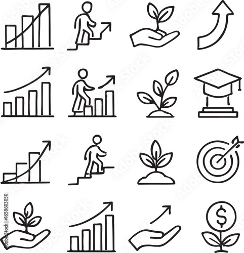 Business growth and success icons in doodle style Keywords: growth, success, business, finance