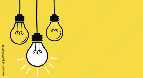 Three Hanging Light Bulbs, One Illuminated, on Yellow Background.