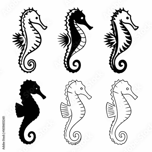 Six seahorse silhouettes isolated on white background, a marine animal vector illustration design